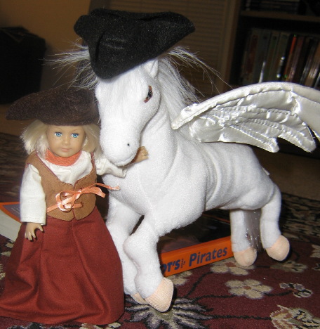 Mini Kit wears a brown hat while her pegasus wears the black one