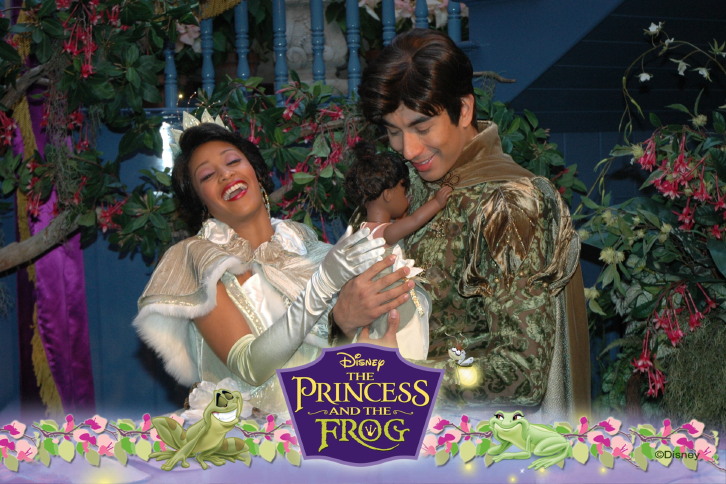 Prince Naveen hugging May while Tiana laughs with a Princess and the Frog border