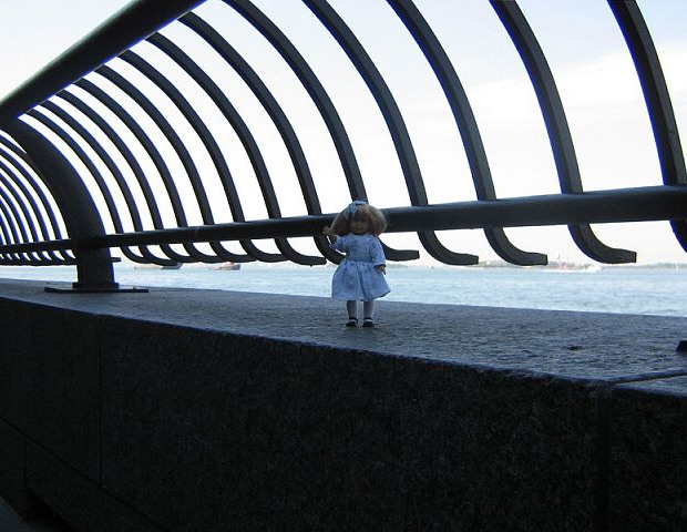 Mini Nellie in front of a railing with water in the background