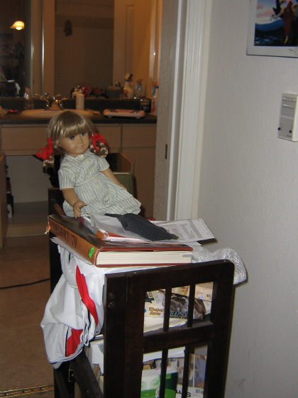 Kirsten sits on the bookshelf in the hallway.