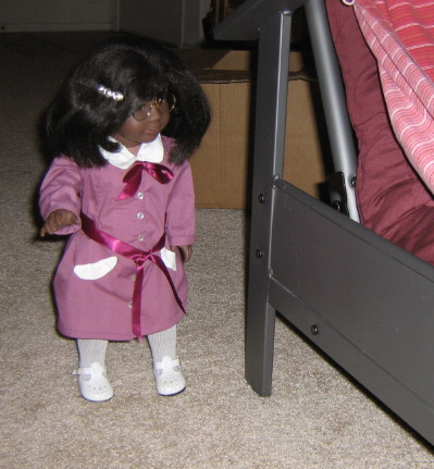 May is wearing a pretty new dress--a 1920s style with a white collar, lavender fabric, and cranberry ribbons.
